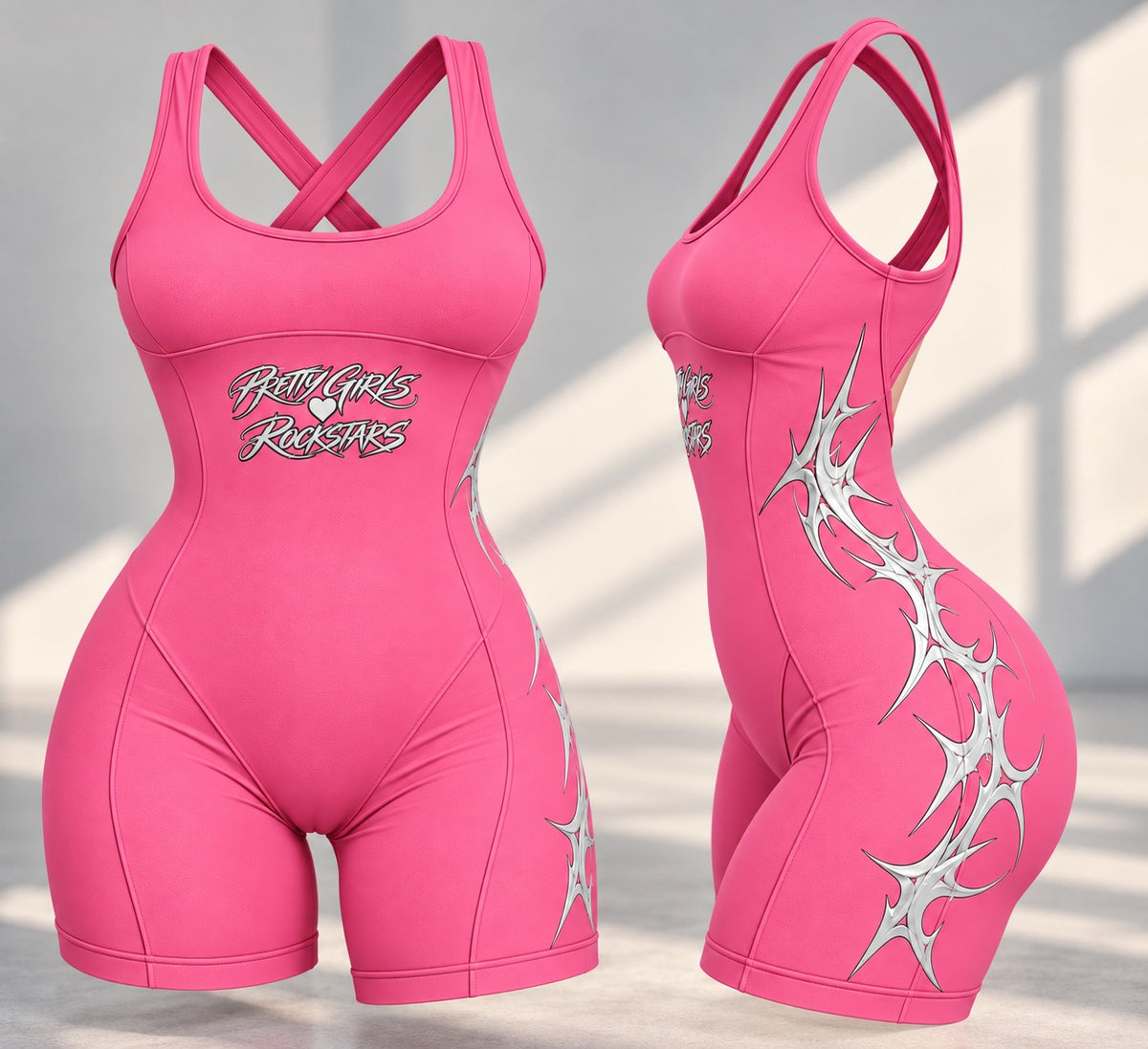 Pink Pretty Girls Love Rockstars bodysuit by RFD, front view