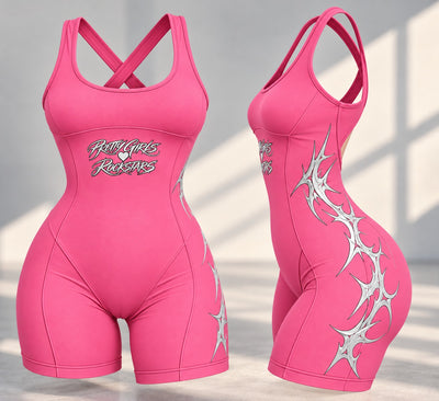 Pink Pretty Girls Love Rockstars bodysuit by RFD, front view